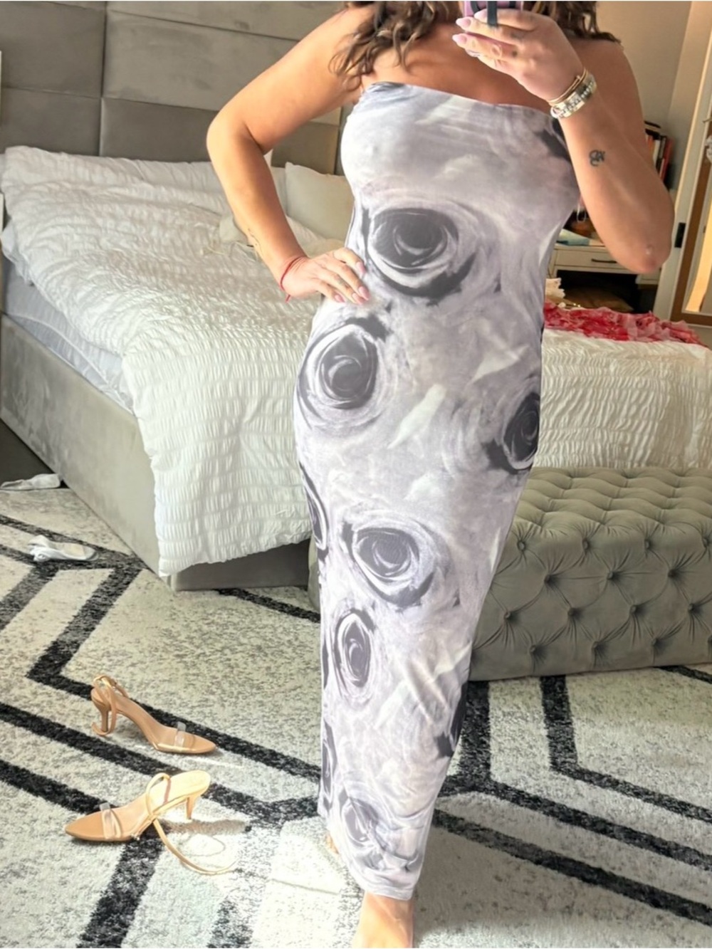 Gray Abstract Rose Print Maxi Skirt